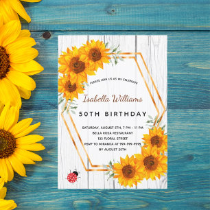 Invitation Fleurs de soleil d'anniversaire rustique bois blan