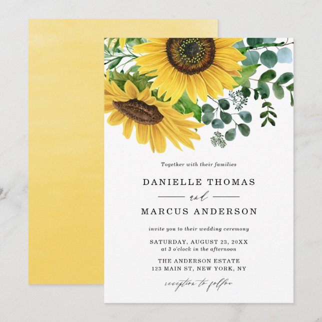 Invitation Fleurs de soleil d'aquarelle et Mariage d'eucalypt (Devant / Derrière)