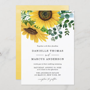 Invitation Fleurs de soleil d'aquarelle et Mariage d'eucalypt