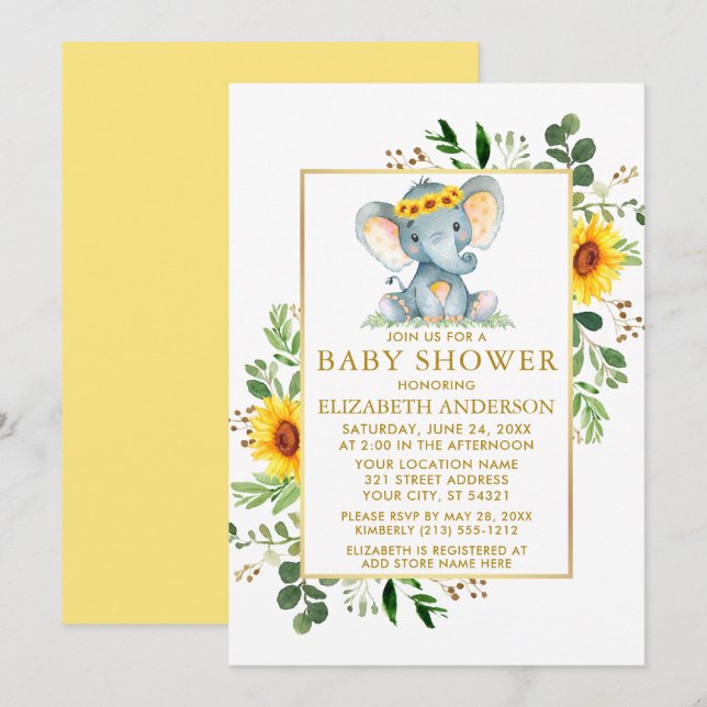 Invitation Fleurs de soleil éléphantes Baby shower vert Or (Devant / Derrière)