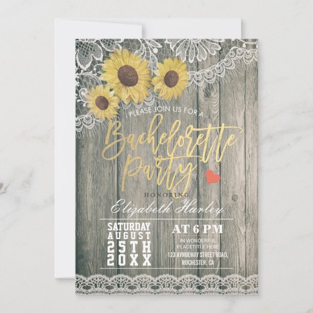 Invitation Fleurs de soleil en bois rustique Dentelle Bachelo (Devant)