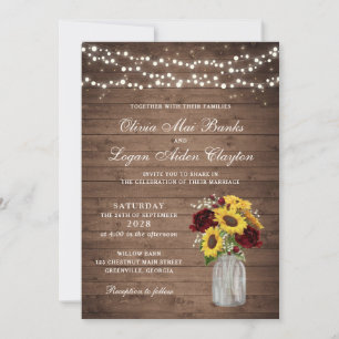 Invitation Fleurs de soleil en bois rustique Mariage de jarre