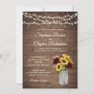 Invitation Fleurs de soleil en bois rustique Mariage de jarre