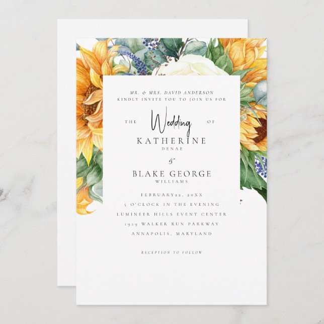 Invitation Fleurs de soleil en fleurs Mariage blanc (Devant / Derrière)