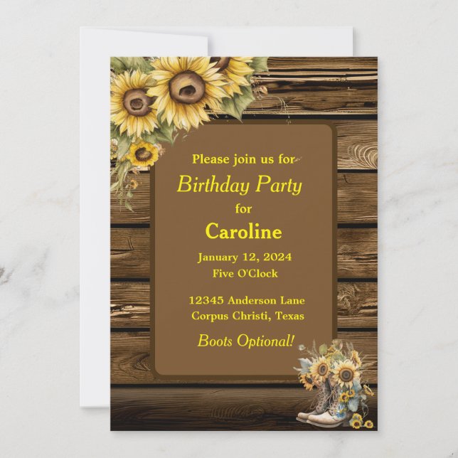 Invitation Fleurs de soleil et bottes rustiques vintages fête (Devant)