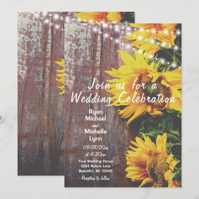 Invitation Fleurs de soleil et lumières Mariage campagnard ru (Devant / Derrière)