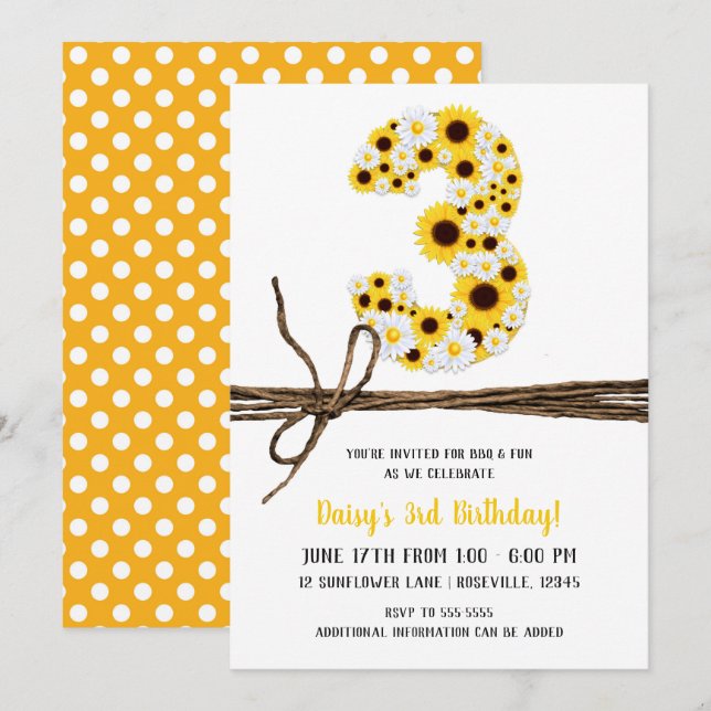 Invitation Fleurs de soleil et marguerites TROIS 3 3e fête d' (Devant / Derrière)