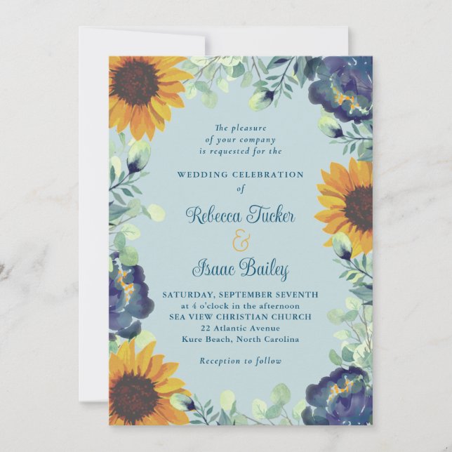 Invitation Fleurs de soleil & Fleurs bleues Verdure Mariage F (Devant)