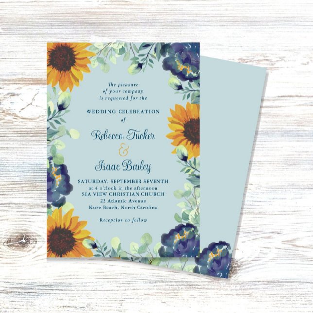 Invitation Fleurs de soleil & Fleurs bleues Verdure Mariage F (Créateur téléchargé)