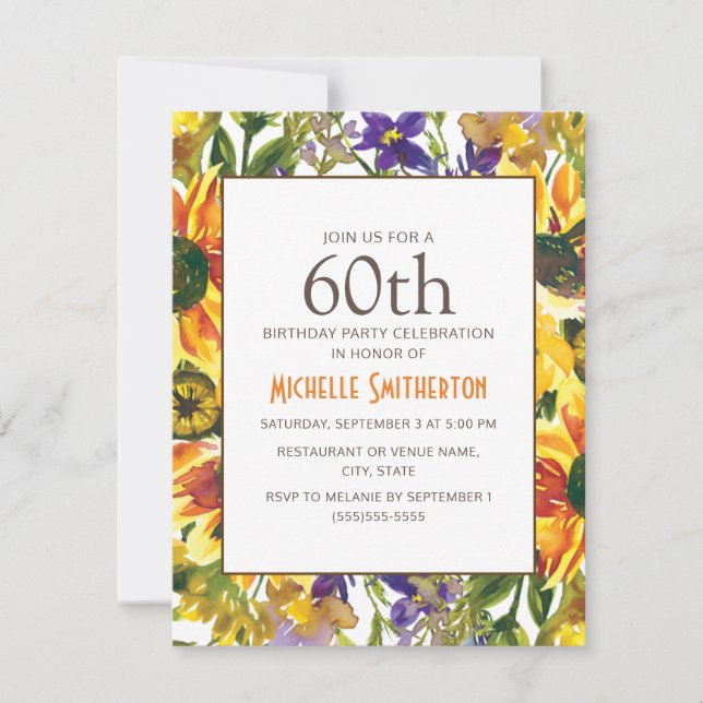 Invitation Fleurs de soleil jaunes 60e fête d'anniversaire (Devant)