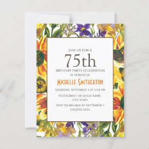 Invitation Fleurs de soleil jaunes 75e fête d'anniversaire