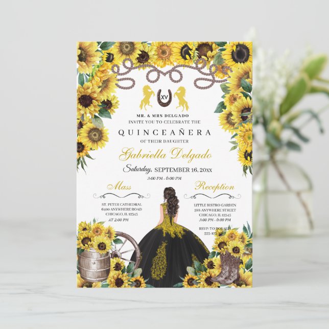 Invitation Fleurs de soleil jaunes Charro Quinceanera (Debout devant)