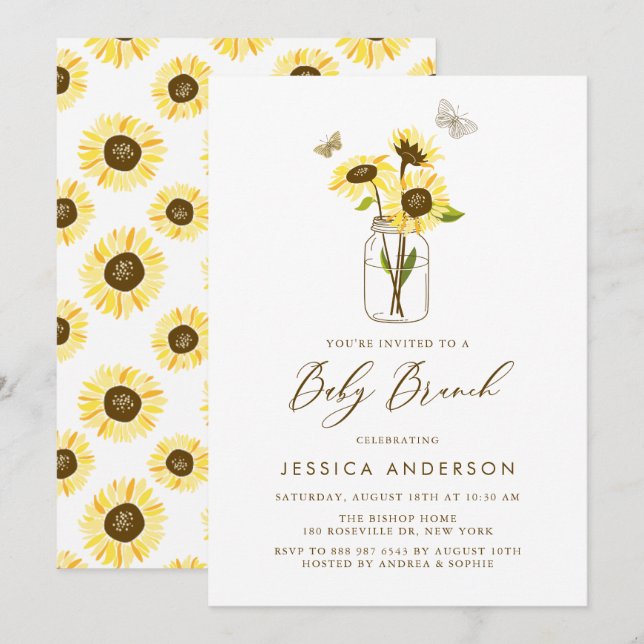 Invitation Fleurs de soleil jaunes dans Mason Jar Brunch bébé (Devant / Derrière)