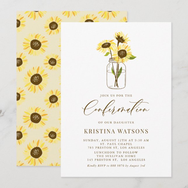 Invitation Fleurs de soleil jaunes dans un pot Mason Confirma (Devant / Derrière)