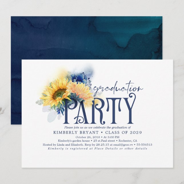 Invitation Fleurs de soleil jaunes Élégant Bleu de la marine (Devant / Derrière)