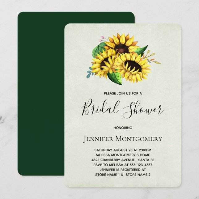 Invitation Fleurs de soleil jaunes en Fête des mariées aquare (Devant / Derrière)