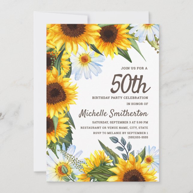Invitation Fleurs de soleil jaunes Marguerites blanches 50e a (Devant)
