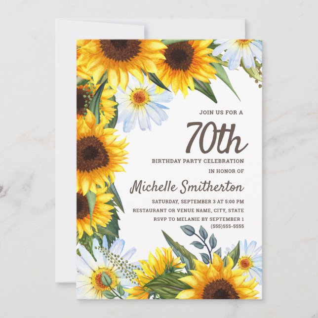 Invitation Fleurs de soleil jaunes Marguerites blanches 70e a (Devant)