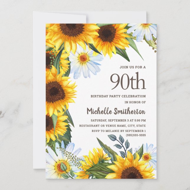 Invitation Fleurs de soleil jaunes Marguerites blanches 90e a (Devant)