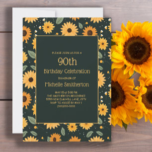 Invitation Fleurs de soleil jaunes Noir 90e anniversaire