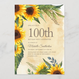 Invitation Fleurs de soleil jaunes rustiques 100e anniversair