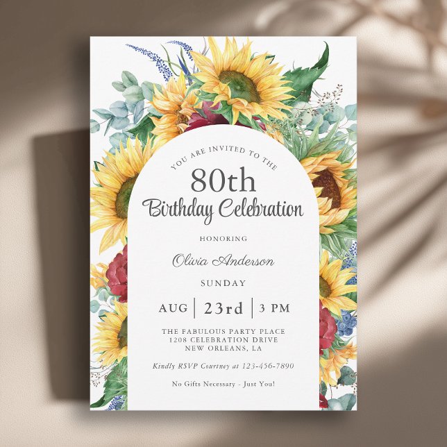Invitation Fleurs de soleil joyeux Botanique 80e fête d'anniv (Available in both printed and instant download digital format.)