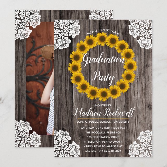 Invitation Fleurs de soleil | Lace Photo Graduation Party (Devant / Derrière)