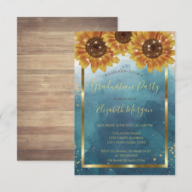 Invitation Fleurs de soleil, Lumières, Bois, Confetti Graduat (Devant / Derrière)