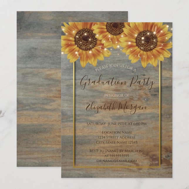 Invitation Fleurs de soleil, Lumières, Bois, Gold Frame Gradu (Devant / Derrière)