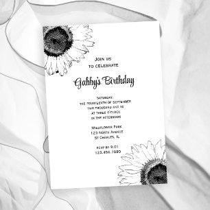 Invitation Fleurs de soleil noires et blanches fête d'anniver
