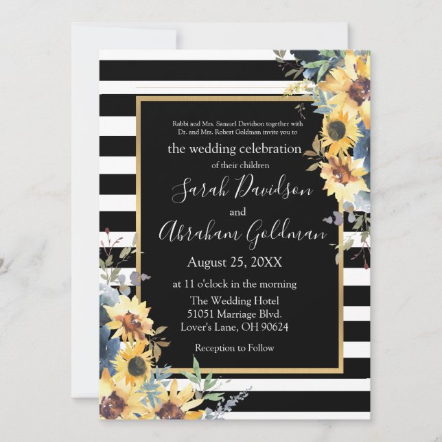 Invitation Fleurs de soleil noires et blanches Mariage juif (Devant)