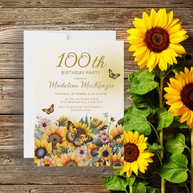 Invitation Fleurs de soleil papillons 100e fête d'anniversair (Créateur téléchargé)