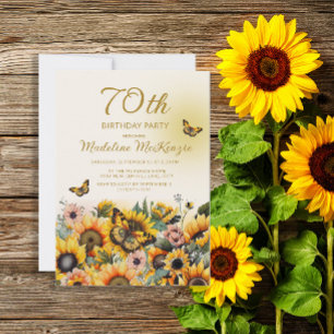Invitation Fleurs de soleil papillons 70e fête d'anniversaire