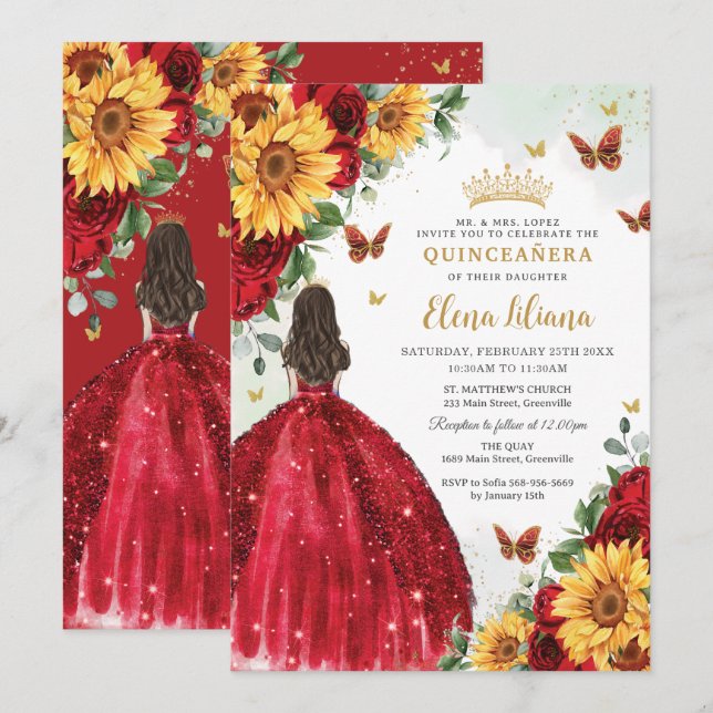 Invitation Fleurs de soleil Robe Florale Rouge Quinceañera Sw (Devant / Derrière)