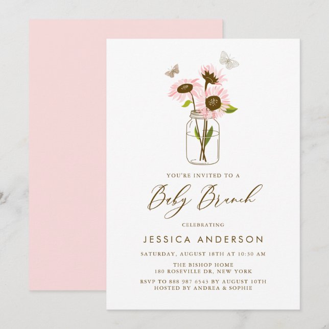 Invitation Fleurs de soleil roses dans Mason Jar Brunch bébé (Devant / Derrière)