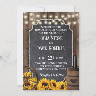 Invitation Fleurs de soleil rustique Bois Vin Baril Mariage