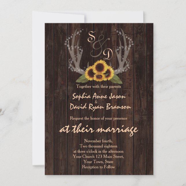 Invitation Fleurs de soleil rustiques Antlers Mariage Invitat (Devant)