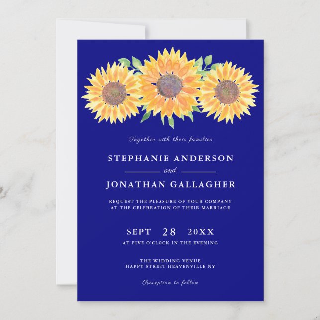 Invitation Fleurs de soleil rustiques Aquarelle Mariage bleu  (Devant)