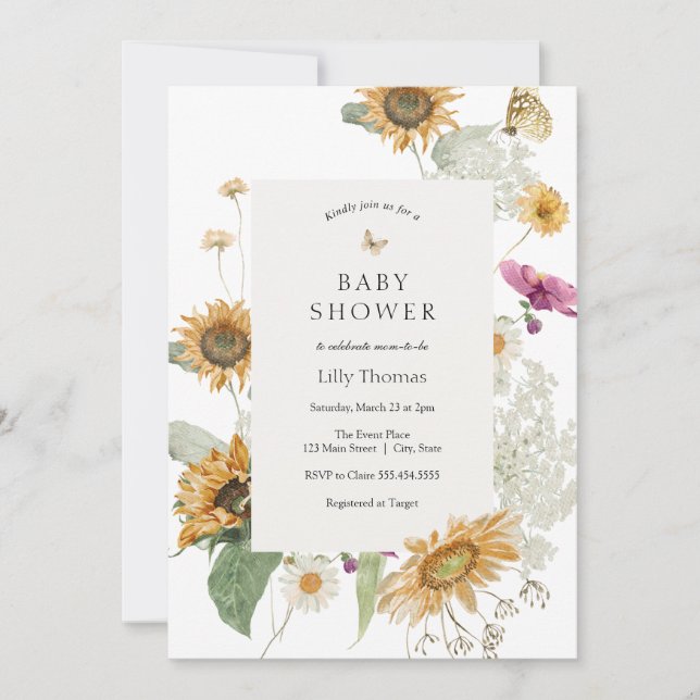 Invitation Fleurs de soleil rustiques Baby shower d'été tardi (Devant)