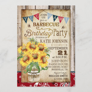 Invitation Fleurs de soleil rustiques Bois Bandanna Anniversa