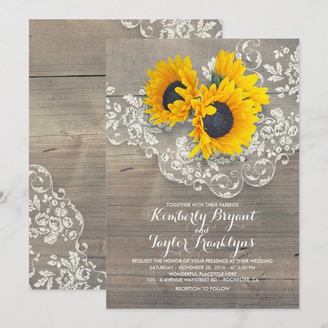 Invitation Fleurs de soleil rustiques et Mariage de dentelle  (Devant / Derrière)