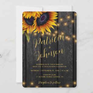 Invitation Fleurs de soleil rustiques lumières grange mariage