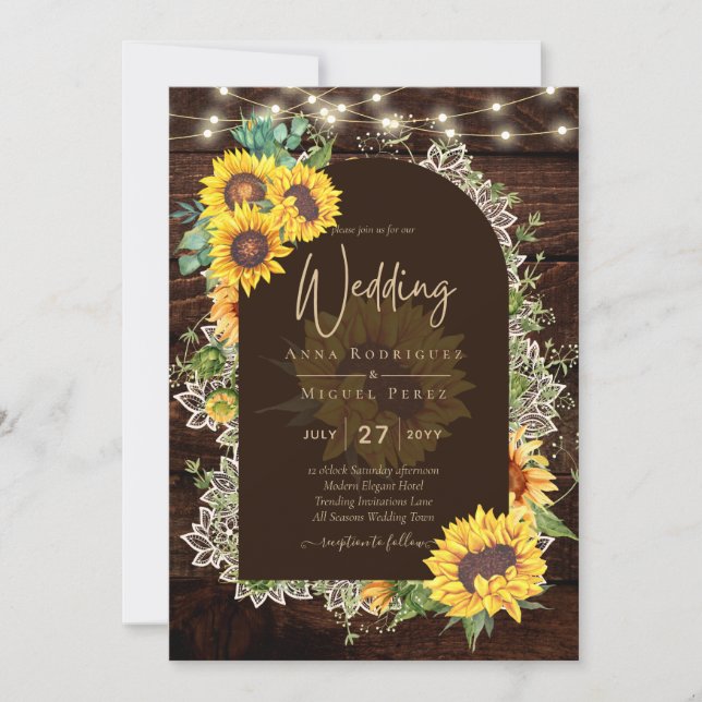 Invitation Fleurs de soleil rustiques Luminaires Arc Mariage  (Devant)