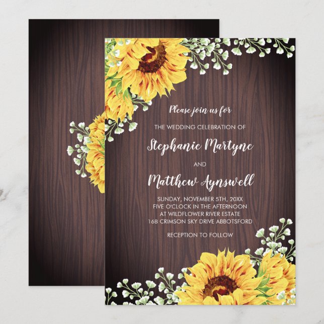 Invitation Fleurs de soleil rustiques Mariage de bois Floral  (Devant / Derrière)