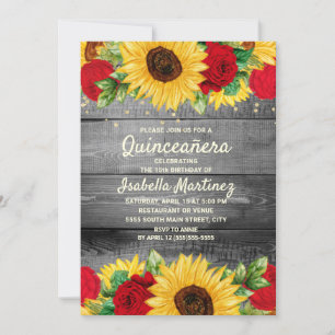 Invitation Fleurs de soleil rustiques Roses rouges Quinceañer