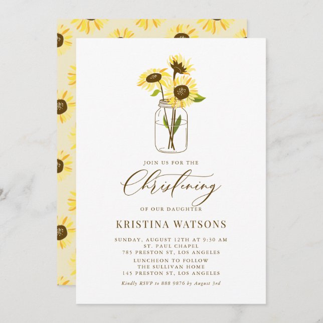 Invitation Fleurs de soleil sur Mason Jar Christine d'été (Devant / Derrière)