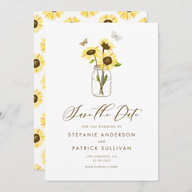 Invitation Fleurs de soleil sur Mason Jar Enregistrer la date (Devant / Derrière)
