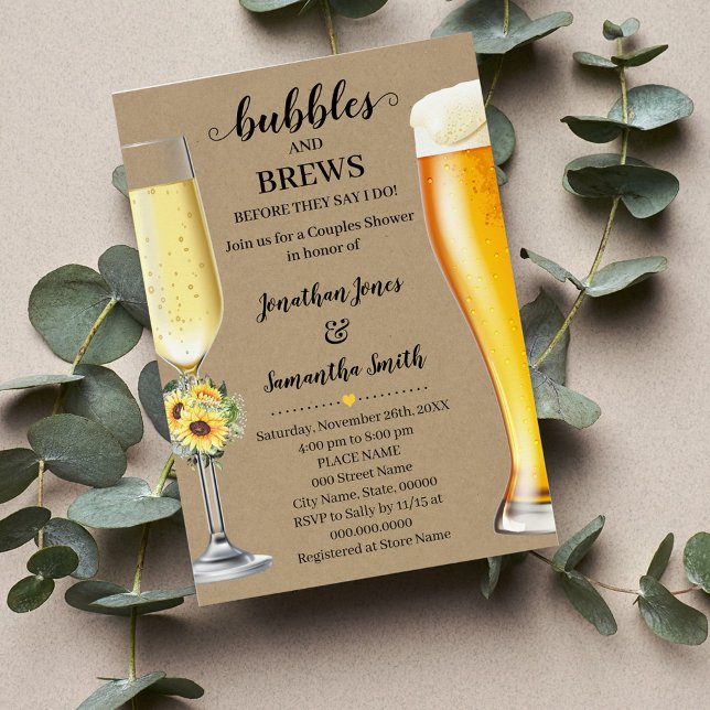 Invitation Fleurs de soleil vertes Bubbles & Brews avant que  (Country Greenery Sunflowers Bubbles & Brews before I do Couples Shower, Western Sunflowers Wedding)