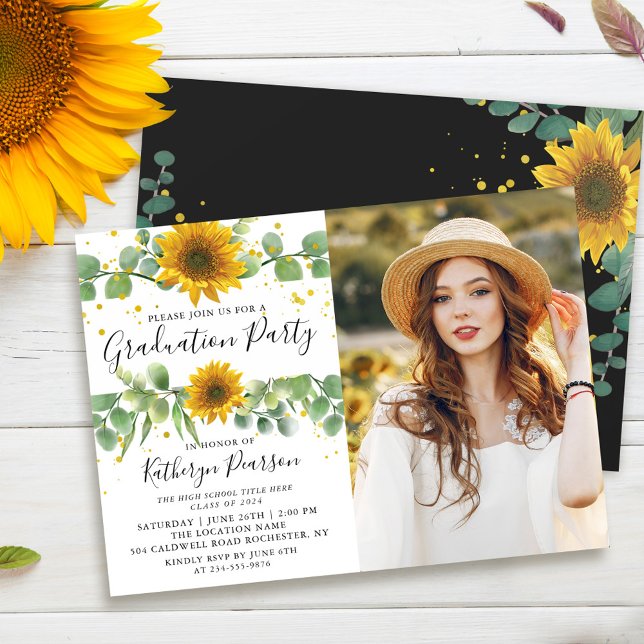Invitation Fleurs de soleil vertes - photo de la fête de grad (Créateur téléchargé)