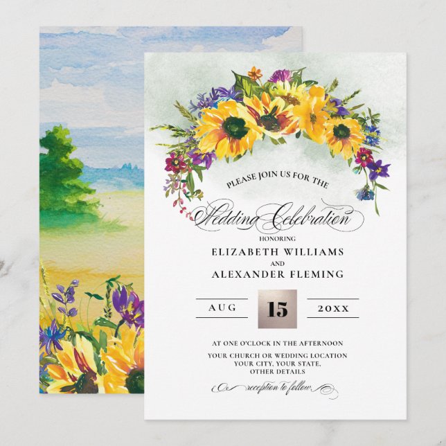 Invitation Fleurs de soleil | Wild Meadow Summer Rustic Maria (Devant / Derrière)